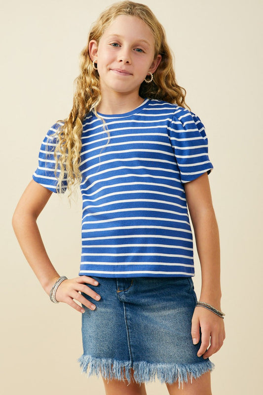 Blue Pleated Puff Sleeve Stripe T Shirt