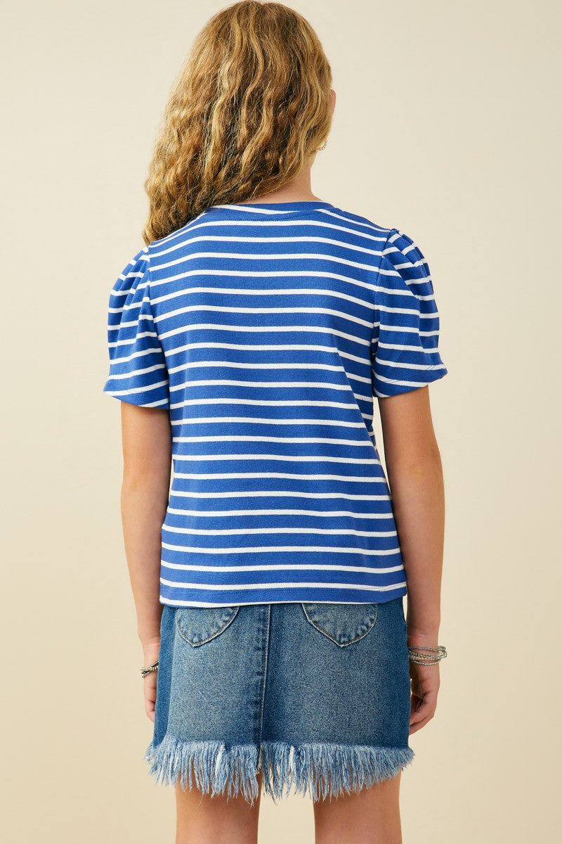 Blue Pleated Puff Sleeve Stripe T Shirt