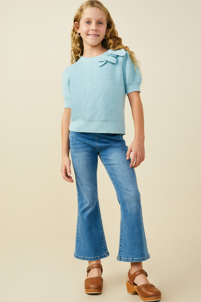 Blue Bow Detailed Puff Sleeve Short Sleeve Sweater