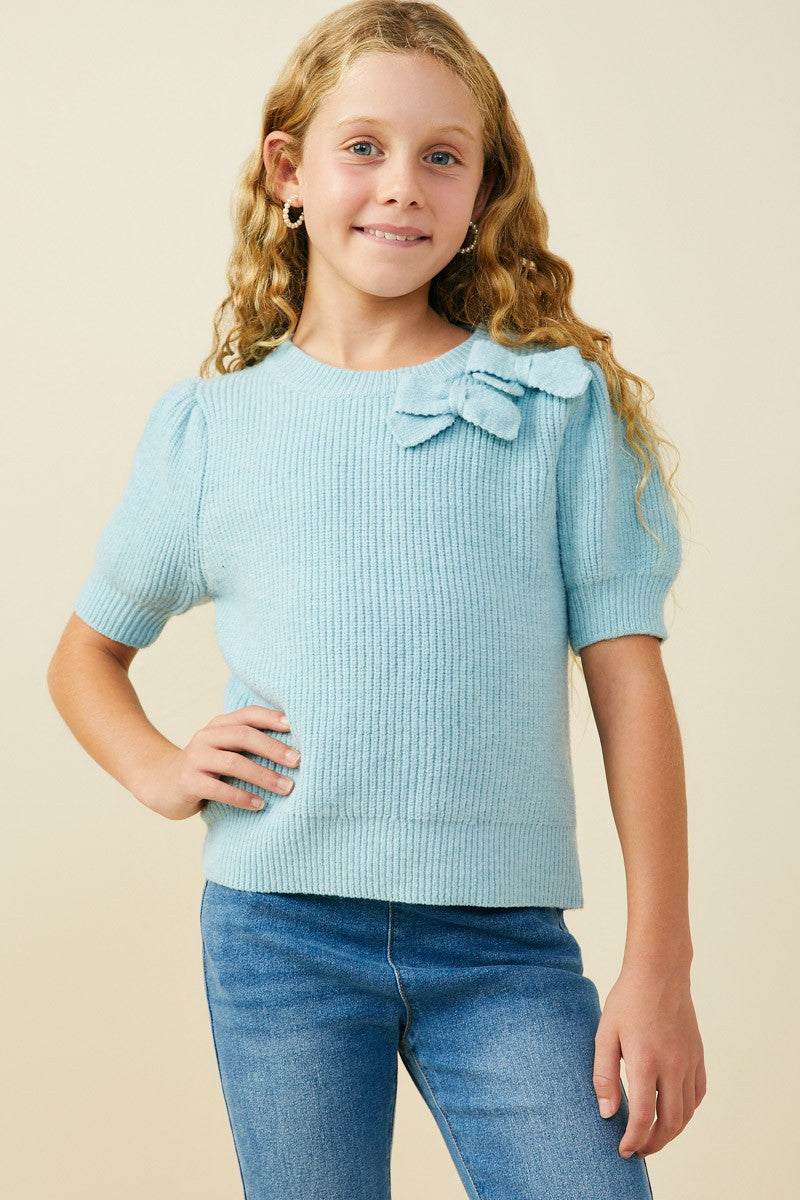 Blue Bow Detailed Puff Sleeve Short Sleeve Sweater