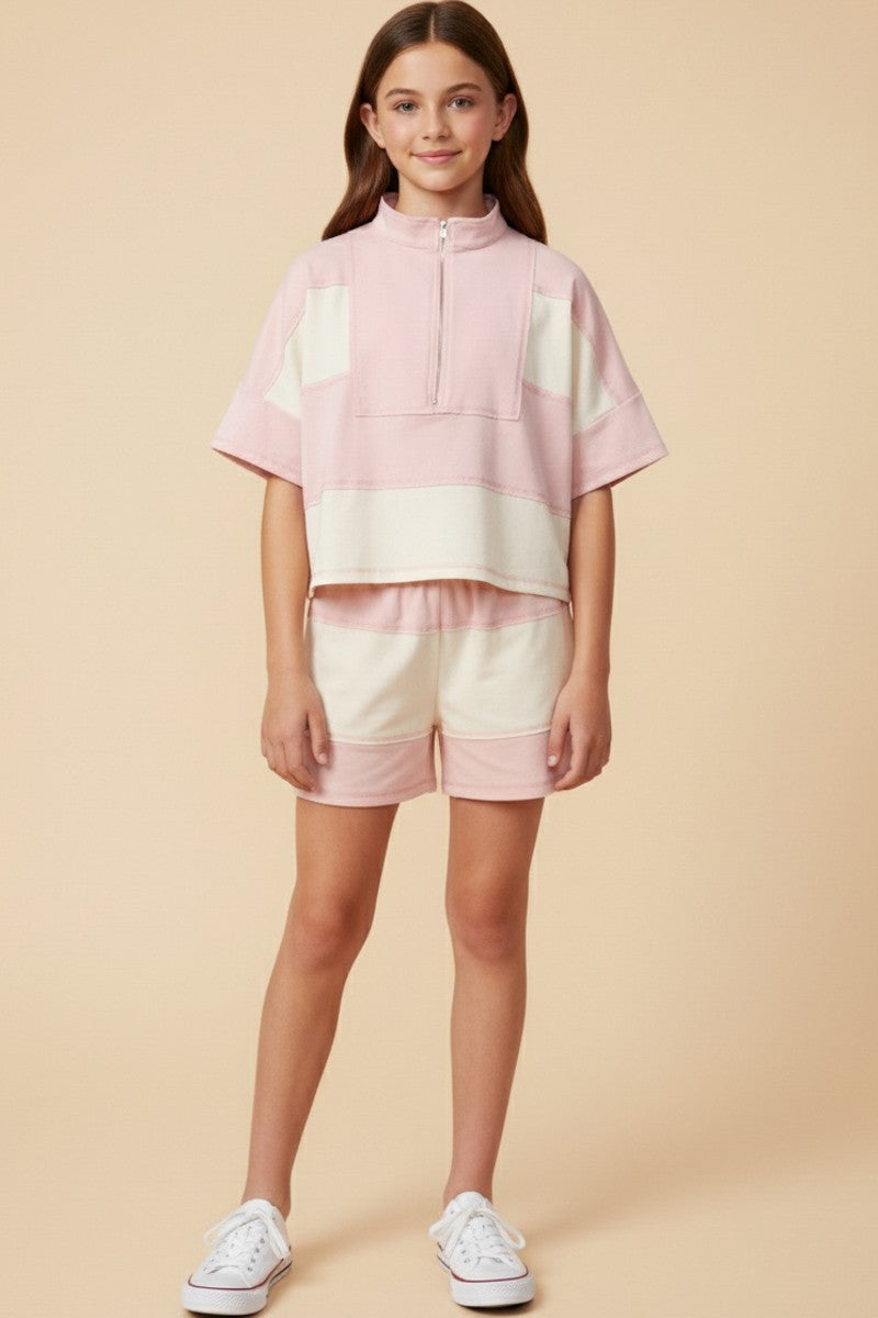 Blush Color Block Stripe Elastic Waist Knit Shorts