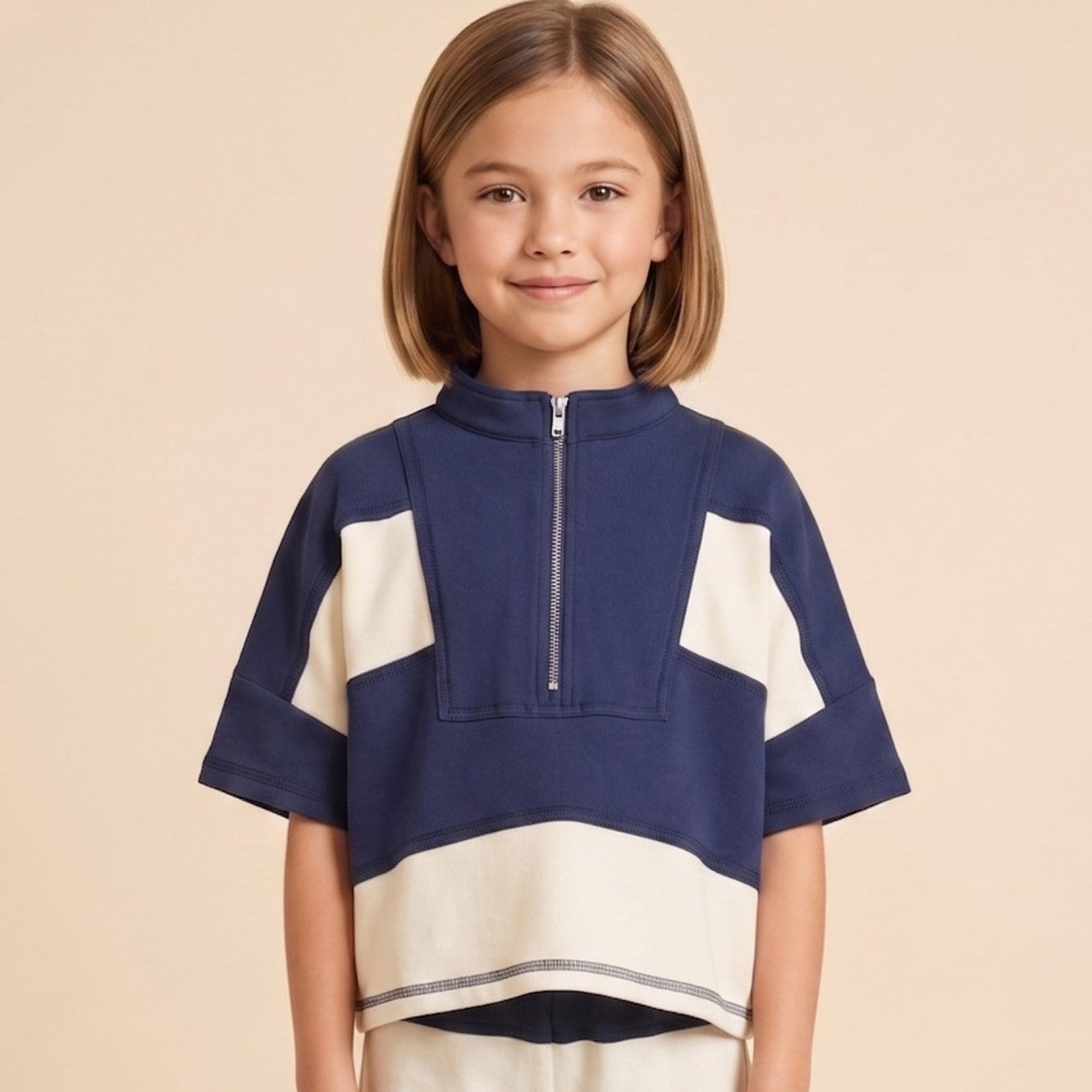 Color Block Stripe Half Zip Top, Navy