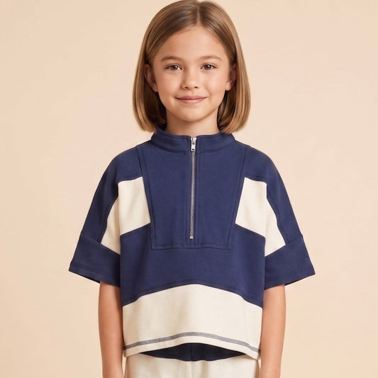 Color Block Stripe Half Zip Top, Navy