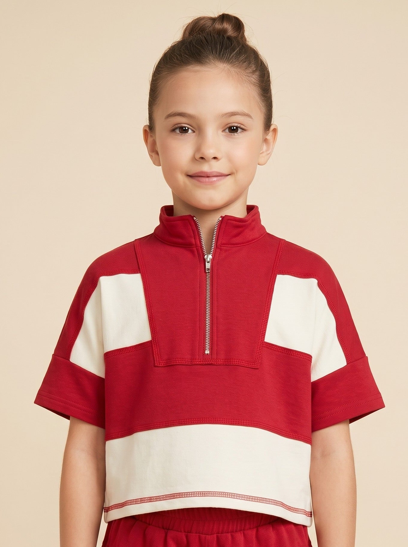 Color Block Stripe Half Zip Top, Red