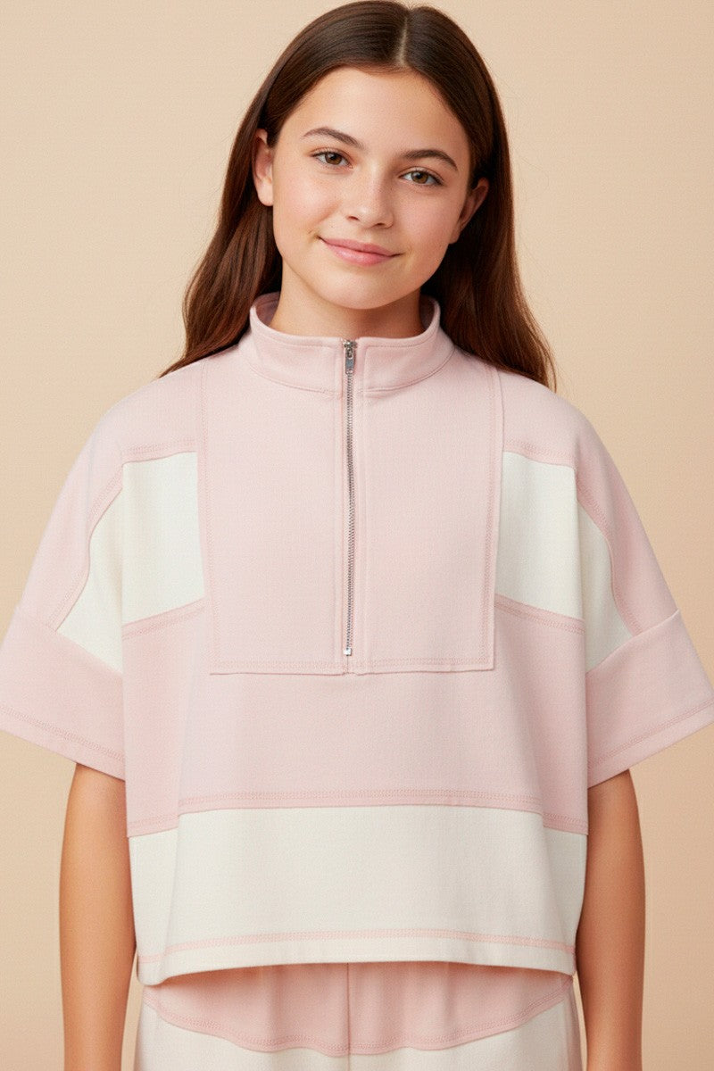 Blush Color Block Stripe Half Zip Knit Top