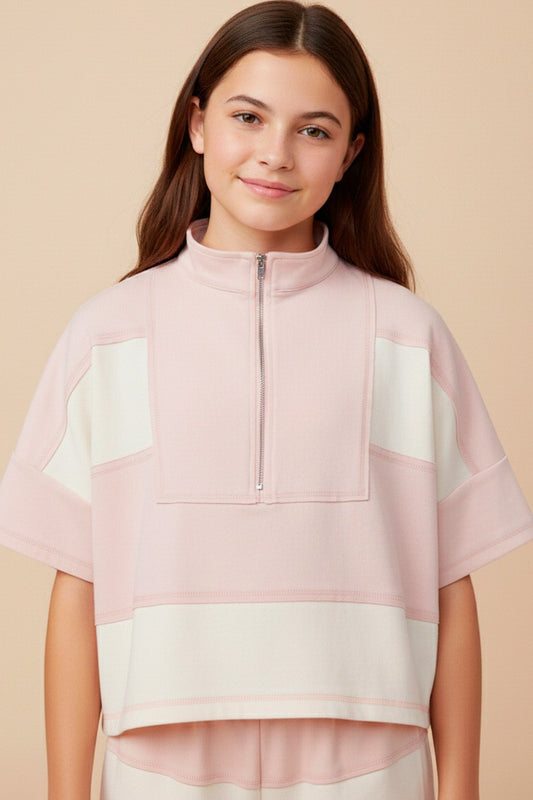 Blush Color Block Stripe Half Zip Knit Top