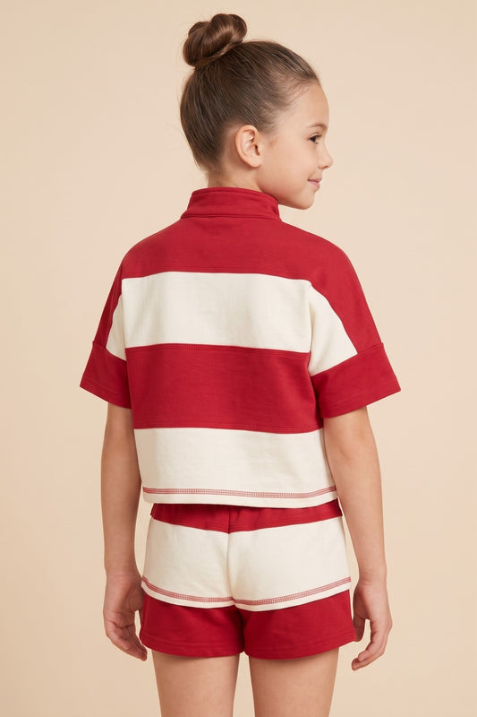 Color Block Stripe Half Zip Top, Red