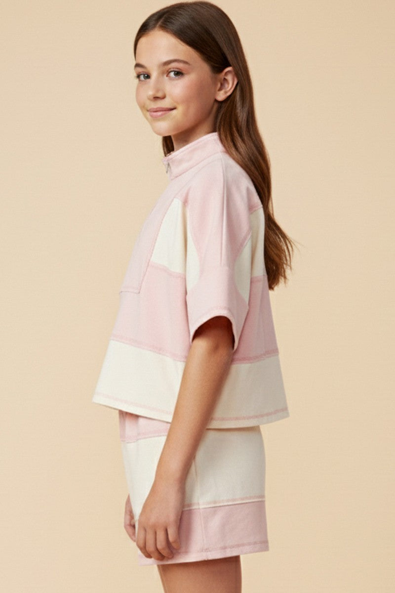 Blush Color Block Stripe Half Zip Knit Top