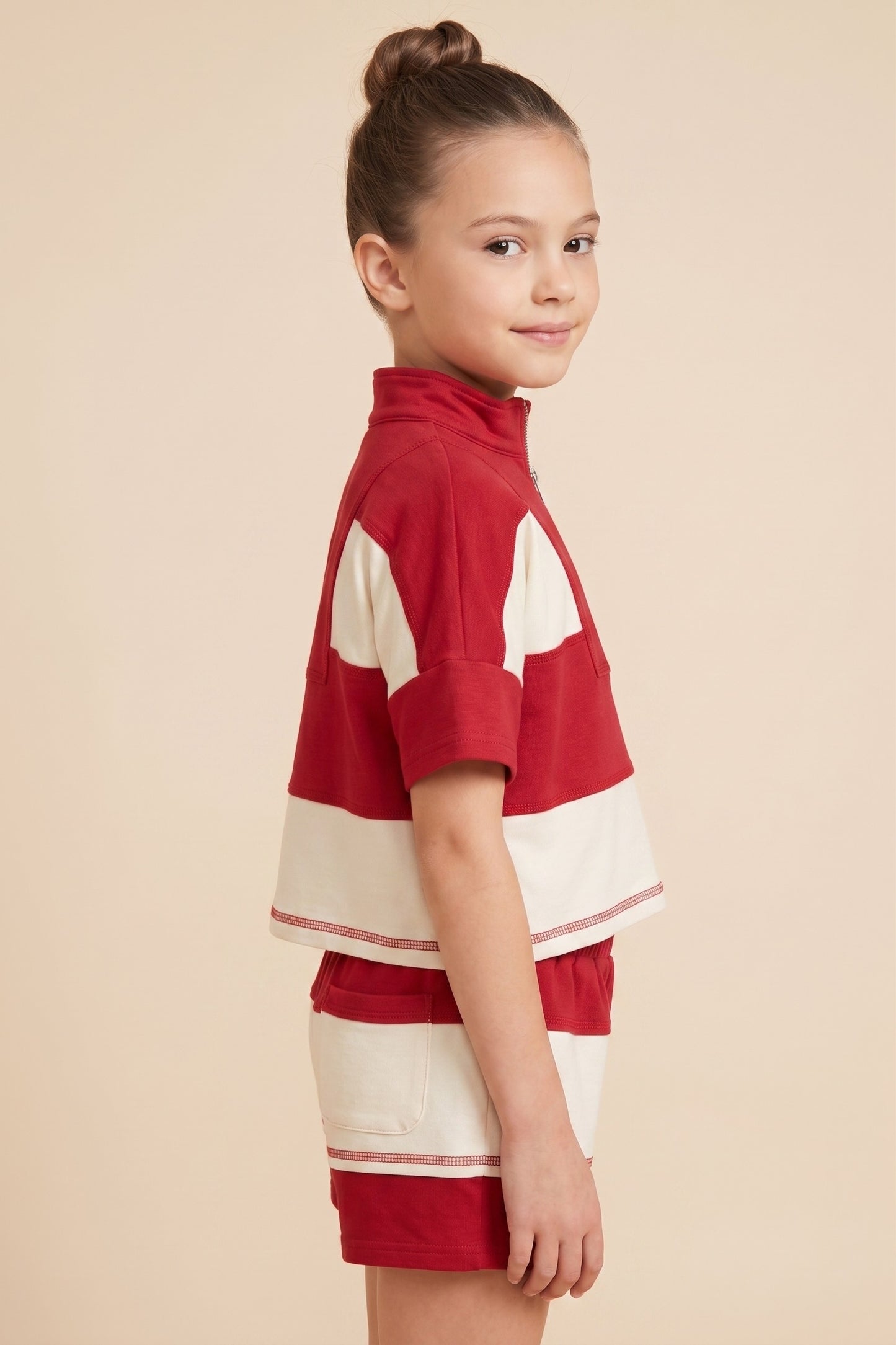 Color Block Stripe Half Zip Top, Red