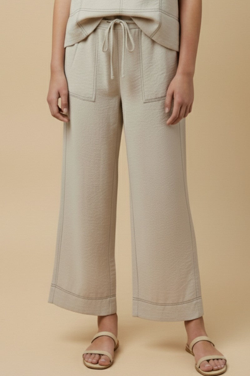 Oatmeal Contrast Stitch Detailed Wide Leg Pant
