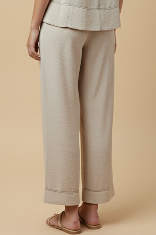 Oatmeal Contrast Stitch Detailed Wide Leg Pant