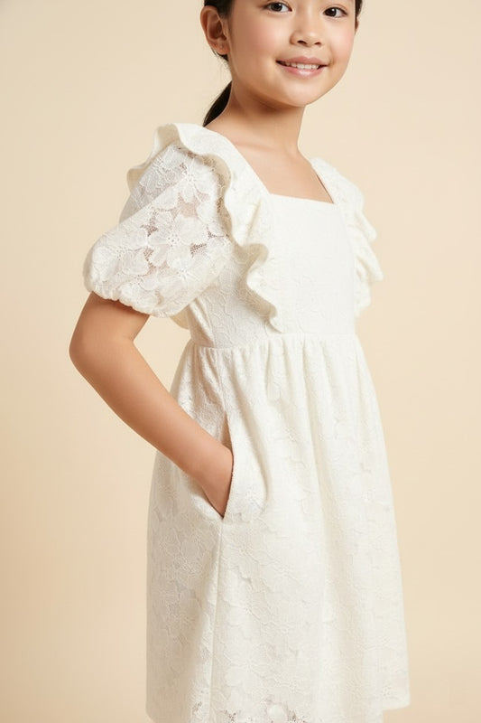 Floral Lace Ruffled Square Neck Dress