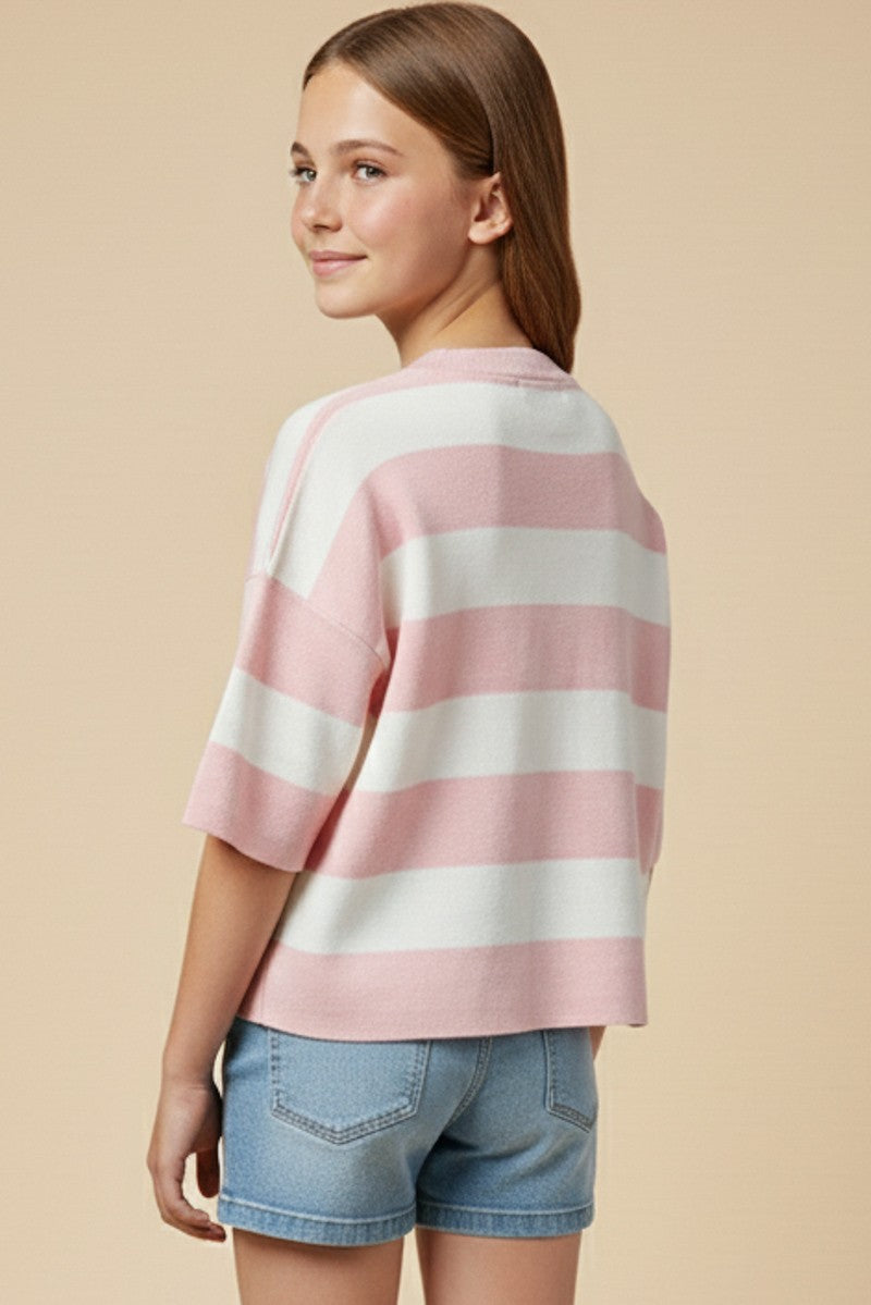 Pink Striped Button Down Knit Top