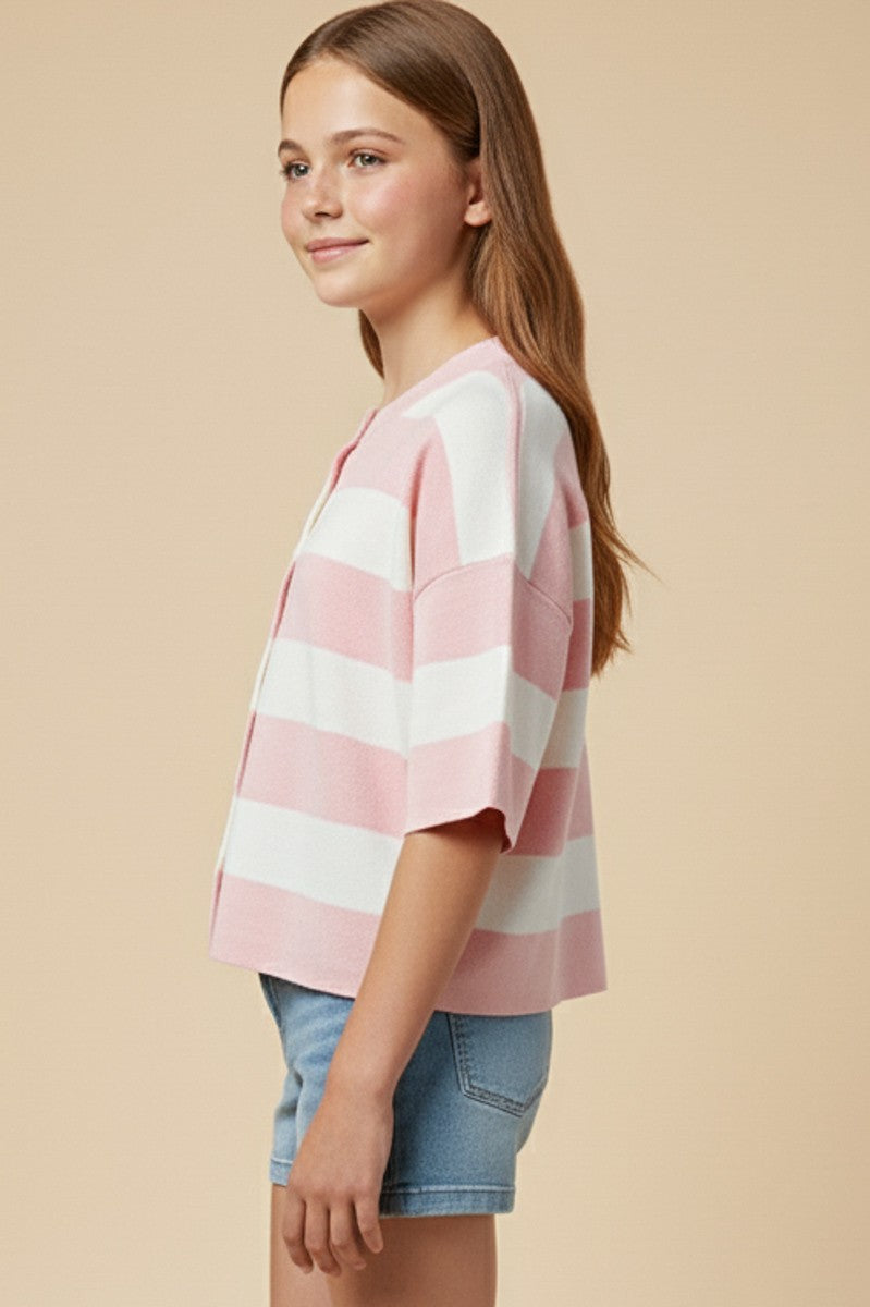 Pink Striped Button Down Knit Top