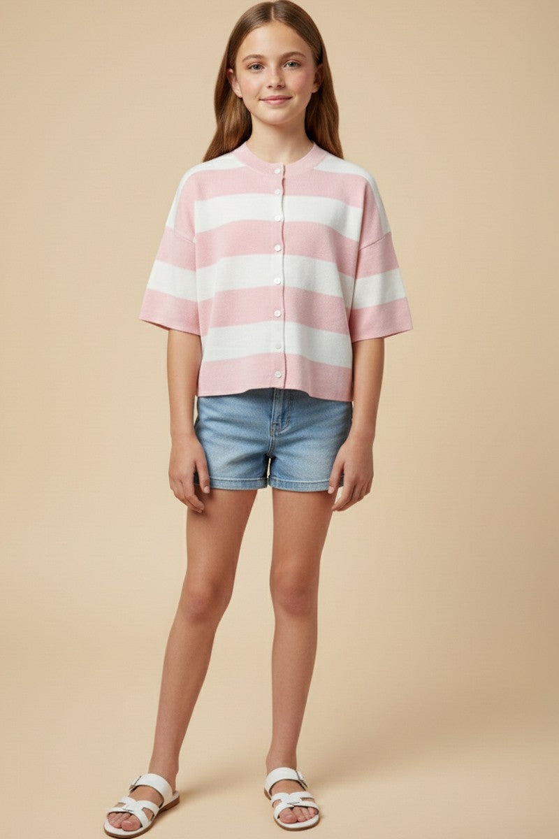 Pink Striped Button Down Knit Top