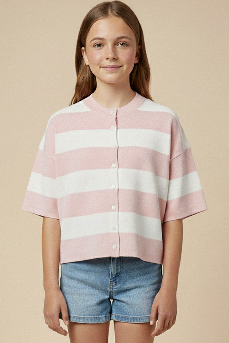 Pink Striped Button Down Knit Top