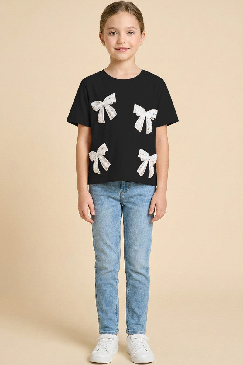 Black Jeweled Lace Bow Patch T Shirt