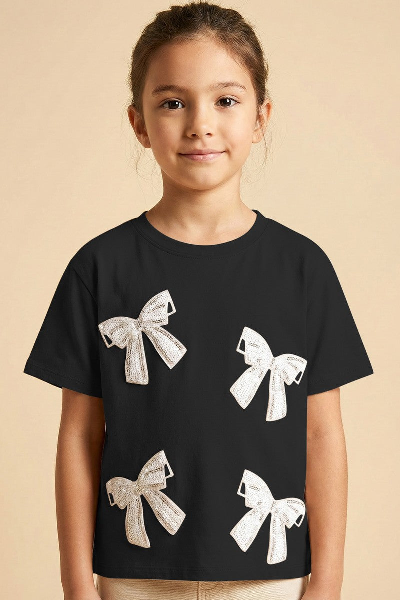 Black Jeweled Lace Bow Patch T Shirt