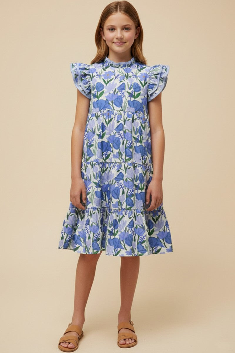 Blue Piped Ruffle Neck Floral Tank Dress