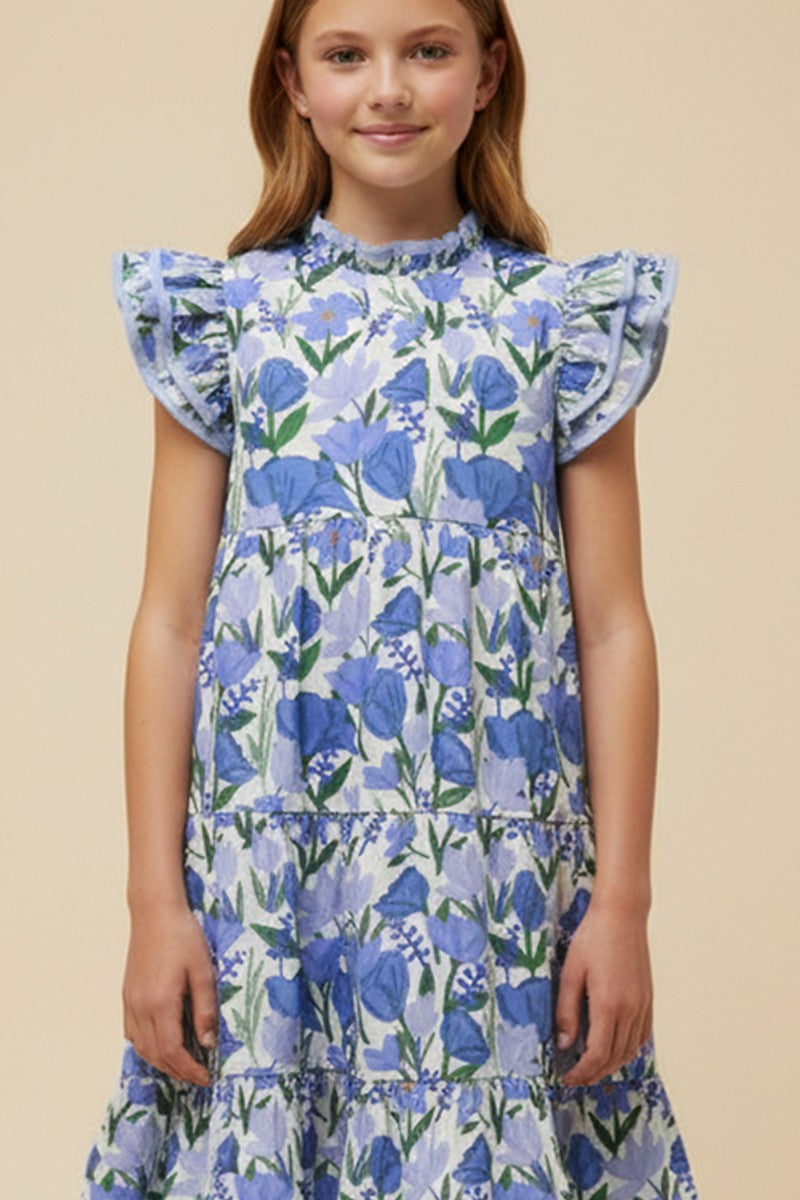 Blue Piped Ruffle Neck Floral Tank Dress
