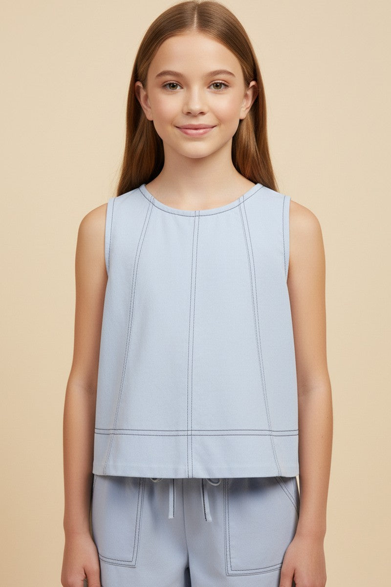 Contrast Stitched Panel Detail Knit Tank , Light Blue