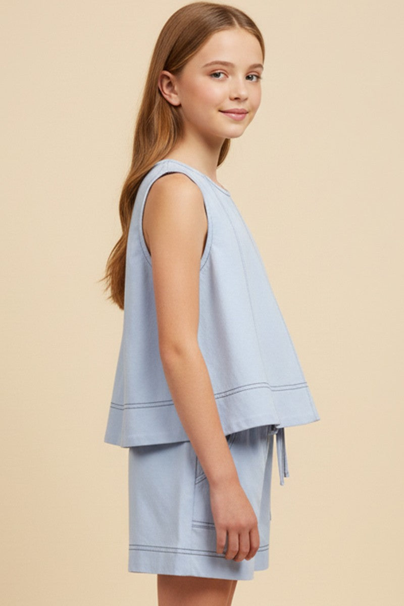 Contrast Stitched Panel Detail Knit Tank , Light Blue