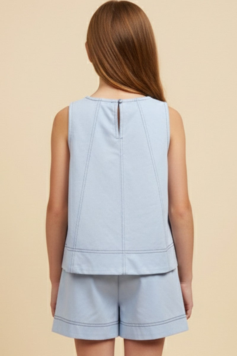 Contrast Stitched Panel Detail Knit Tank , Light Blue