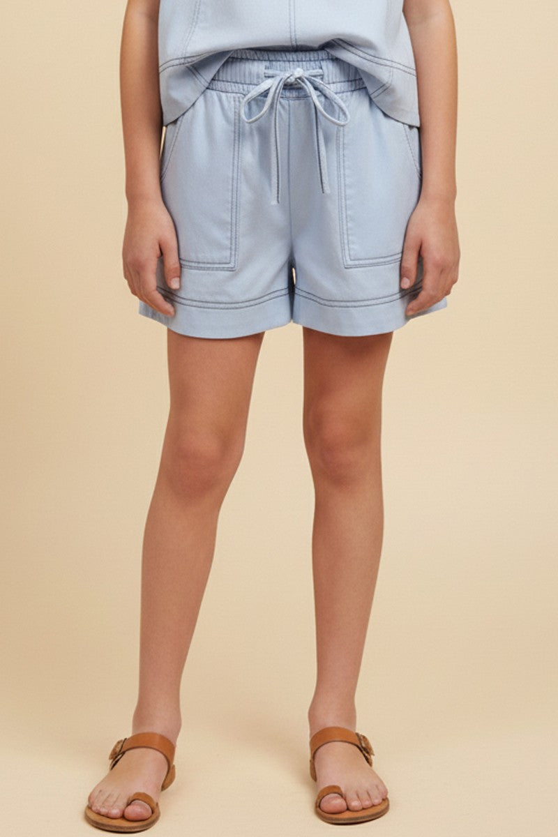 Light Blue Contrast Stitch Patch Pocket Shorts