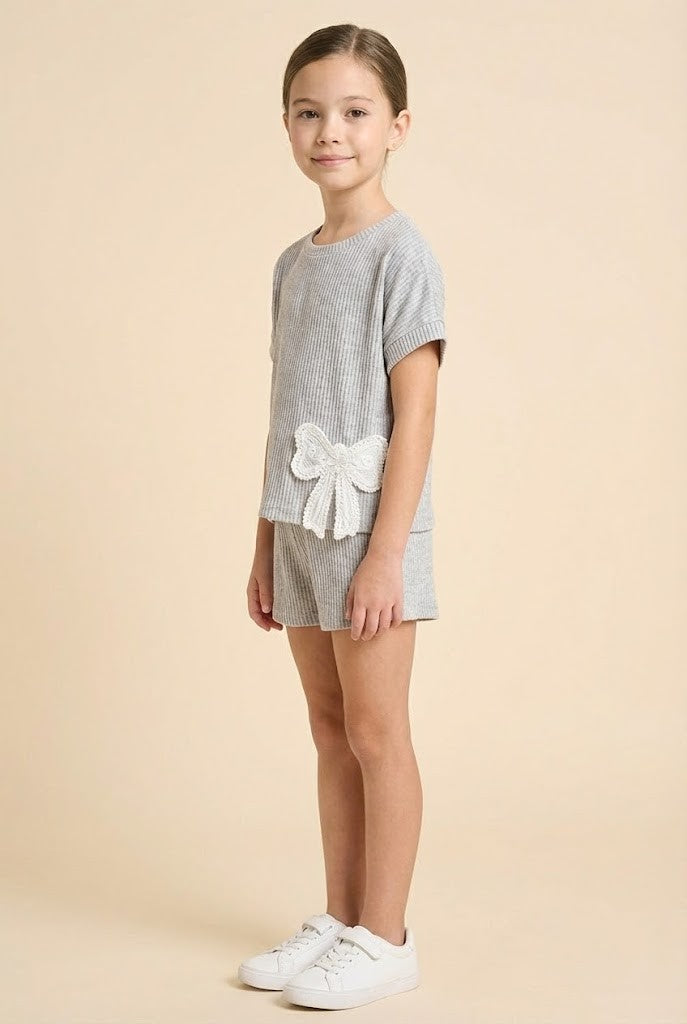 Light Gray Crochet Bow Trim Knit Tee