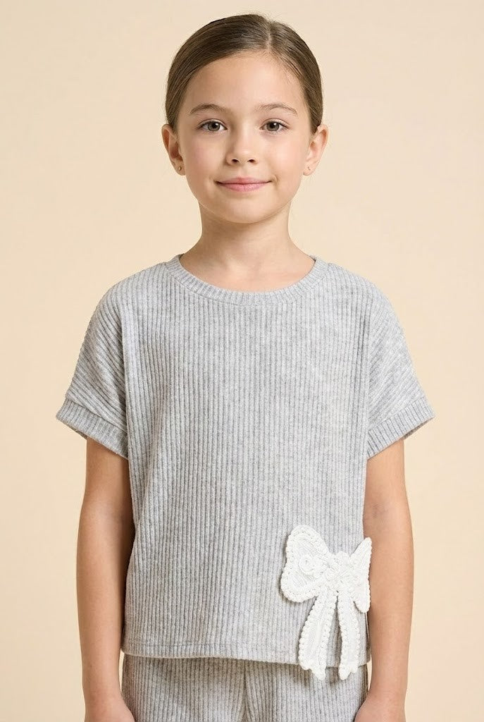 Light Gray Crochet Bow Trim Knit Tee