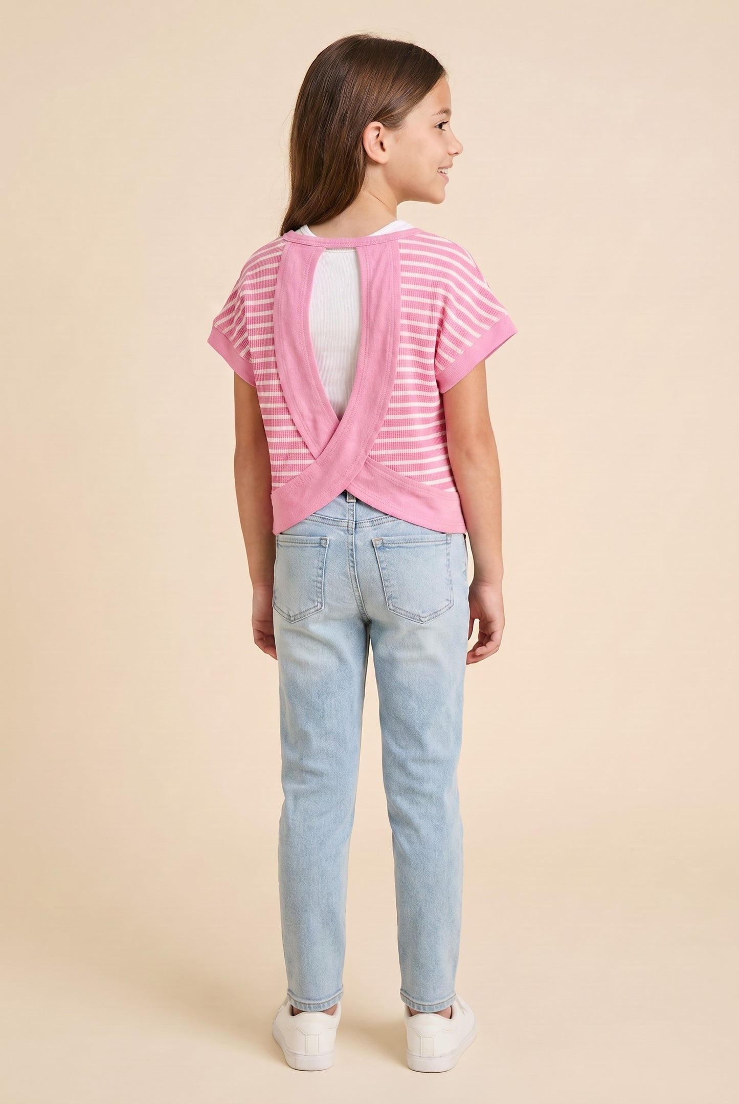 Pink Open Tulip Back Striped Tee
