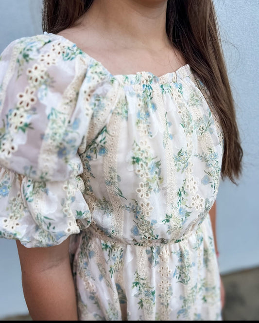 Cream Floral Mesh Puff Sleeve Dress