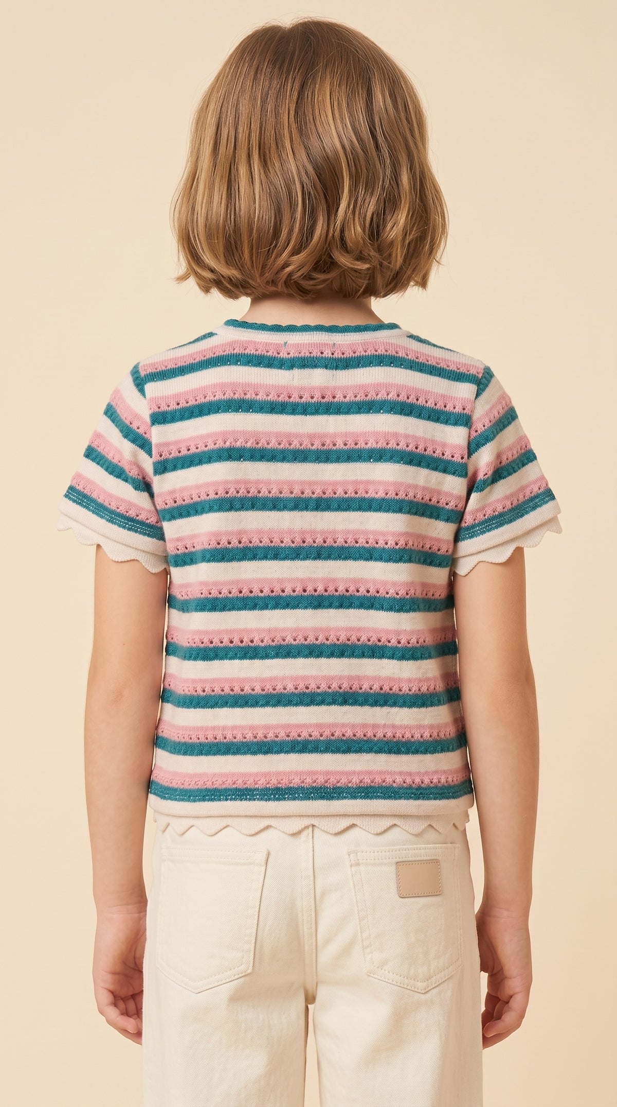Teal Lace Trimmed Open Knit Striped Top
