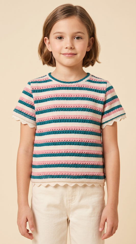 Teal Lace Trimmed Open Knit Striped Top