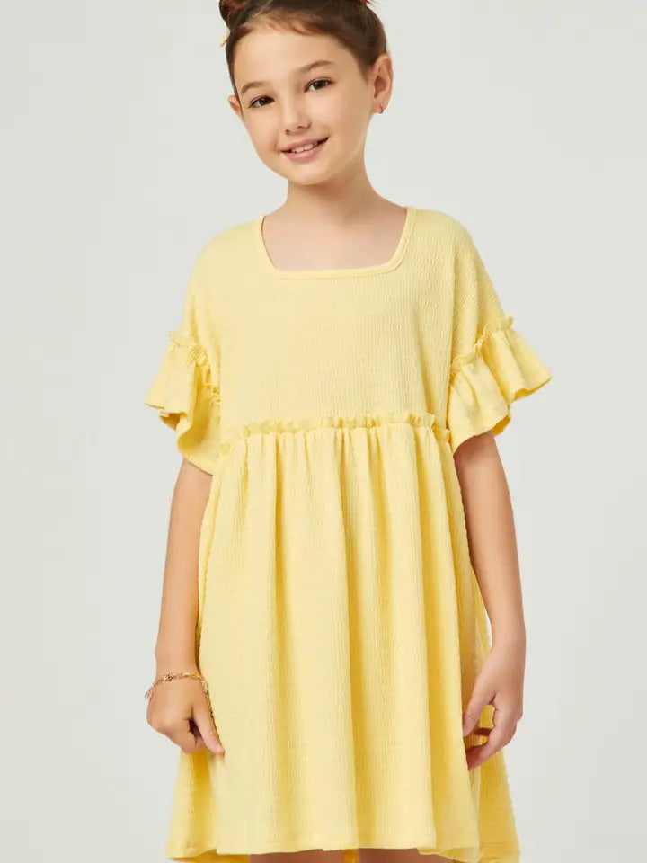 Yellow Smocked Knit Ruffled Sleeve Dress