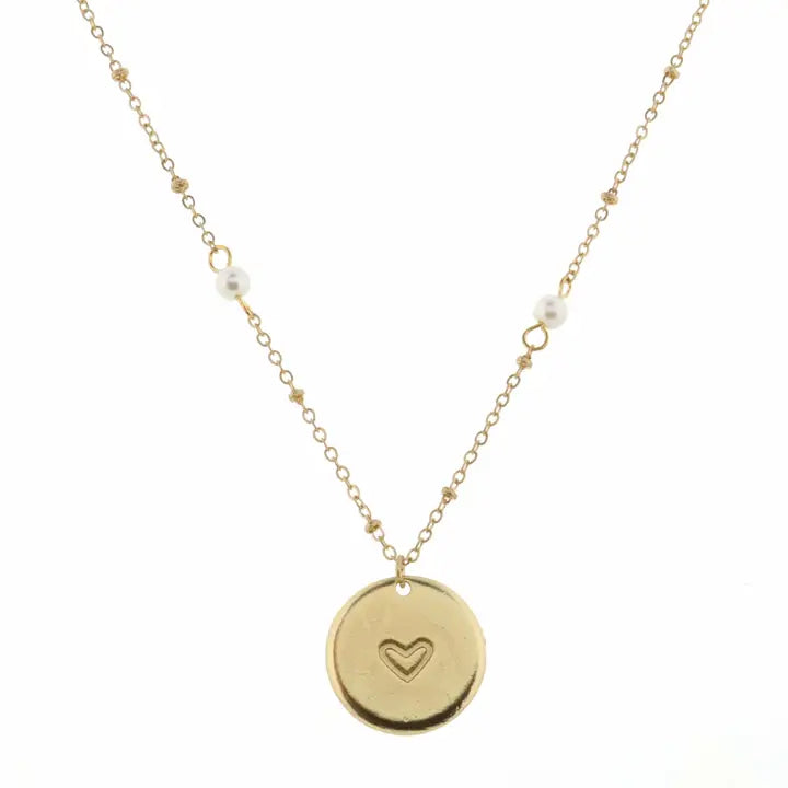 14" Pearl Chain With Heart Disk Necklace