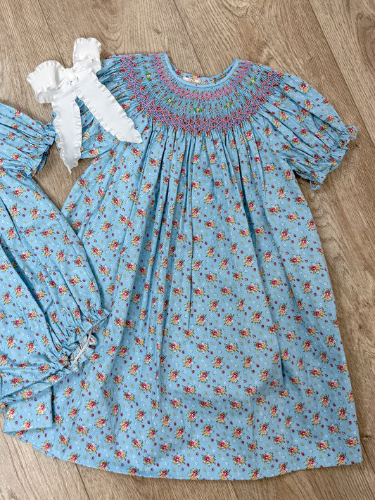 Bishop Smocked In Blue Printed Dress