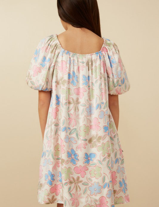 Ivory Floral Puff Sleeve Foiled Dress