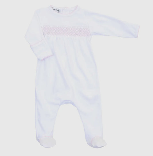 White w/Pink Trim Smocked Footie