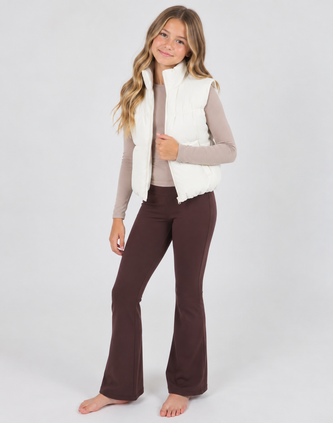 Puffer Vest, Flare Pant, Long Sleeve Top SET, Sugar Swizzle, Chococlate