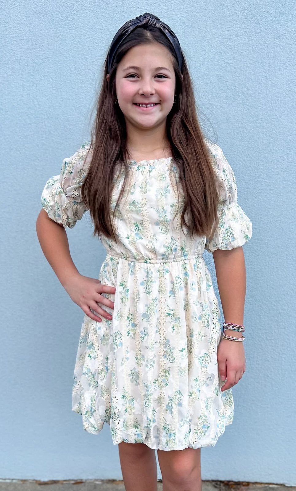 Cream Floral Mesh Puff Sleeve Dress