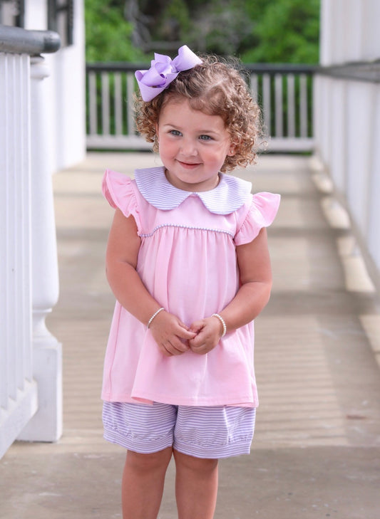 Genevieve Banded Short Set-Lavender Stripe/Light Pink