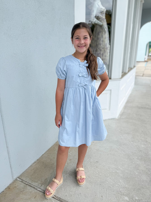 Blue Ribbon Detailed Puff Sleeve Dress