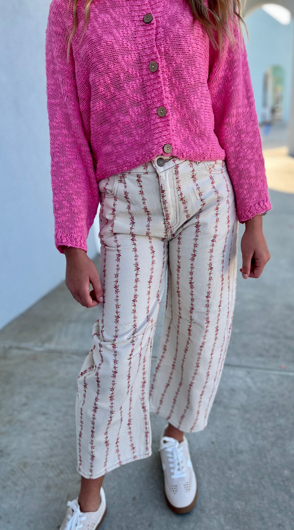 Cream/Pink Floral Stitched Denim Pants