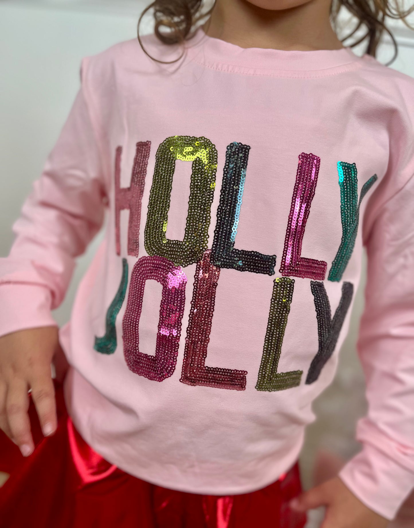 Light Pink LS Sequin Holly Jolly