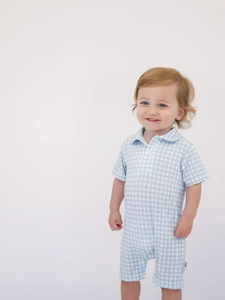 Blue Gingham Short Sleeve Polo Romper