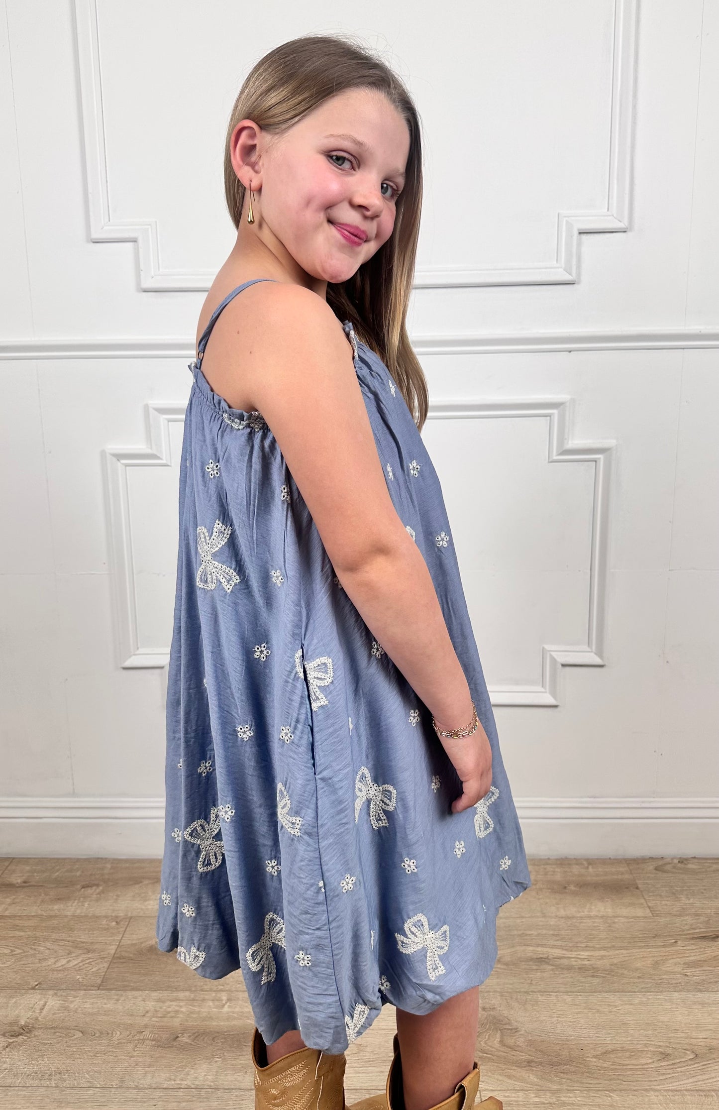 Blue Crochet Bow Balloon Hem Dress