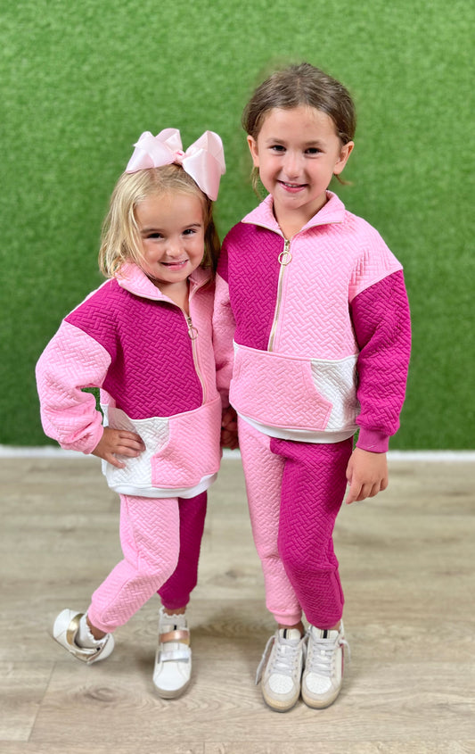Pink & Cranberry Quilted Trellis Color Block Joggers