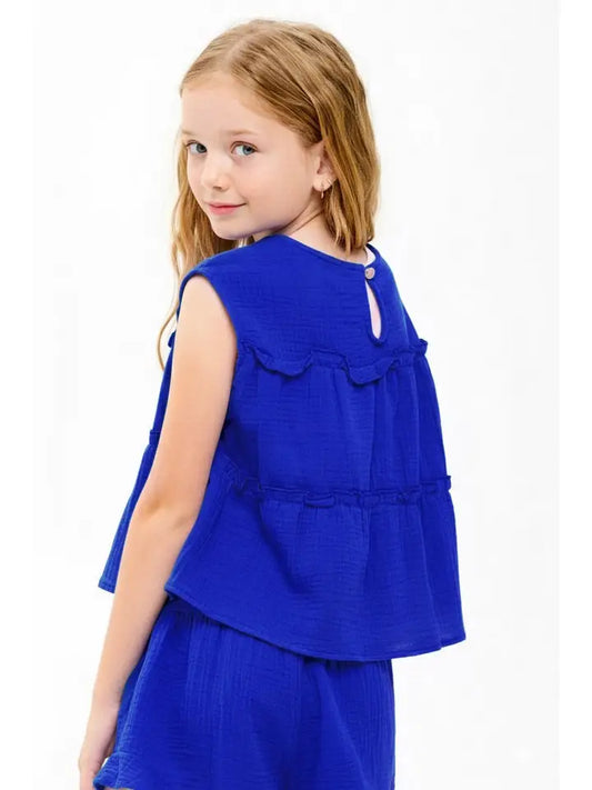Royal Blue Cotton Gauze Ruffle Top