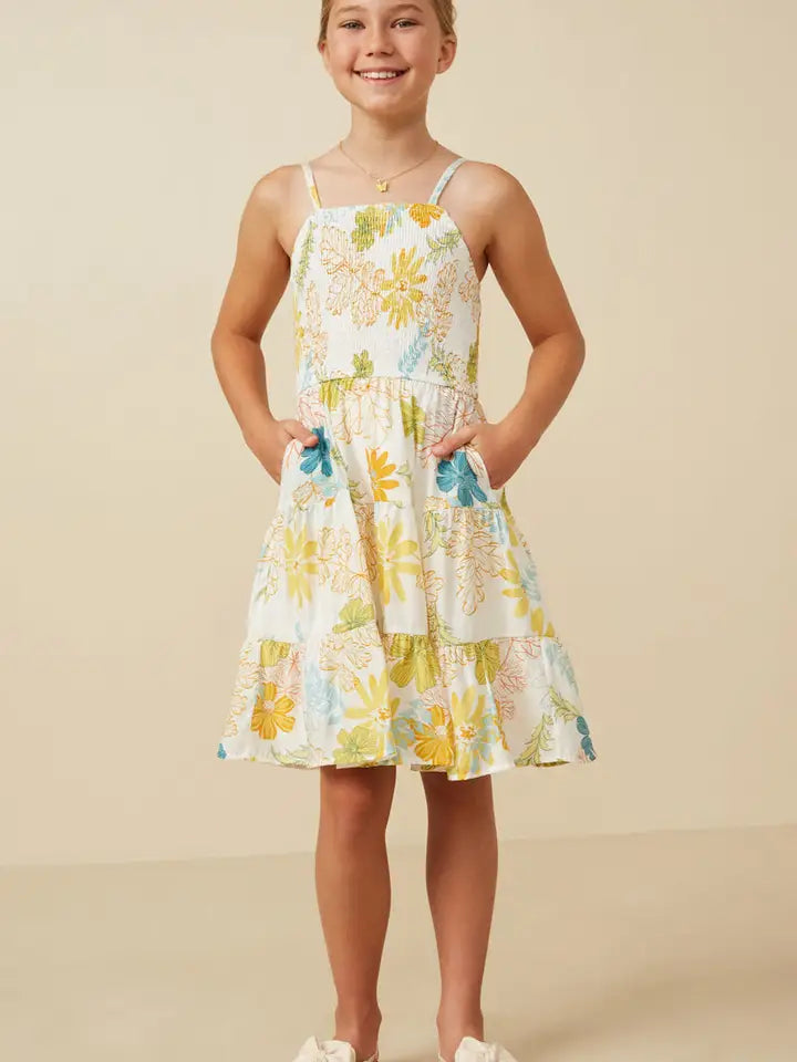 Yellow Tropic Foliage Print Smocked Tank Dress